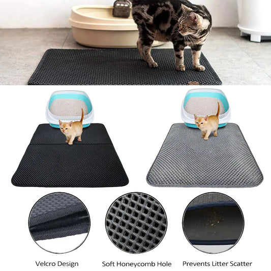 A black Cat Litter Trapping Mat with a honeycomb texture is displayed. There are multiple views shown, including one with a cat using a litter box on top of the mat, and others demonstrating the mat's texture and Velcro design.